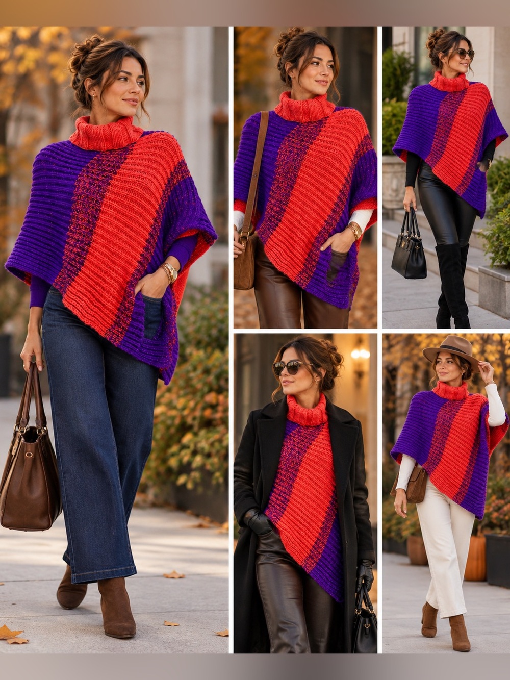 🧶 Hand knitted Purple Orange Chunky Poncho